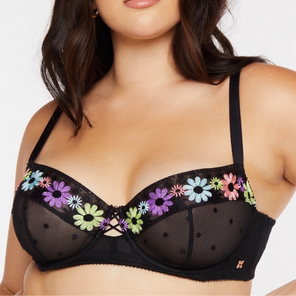 Savage X Fenty Black Balconette Bra with Multicolor Floral Embroidery